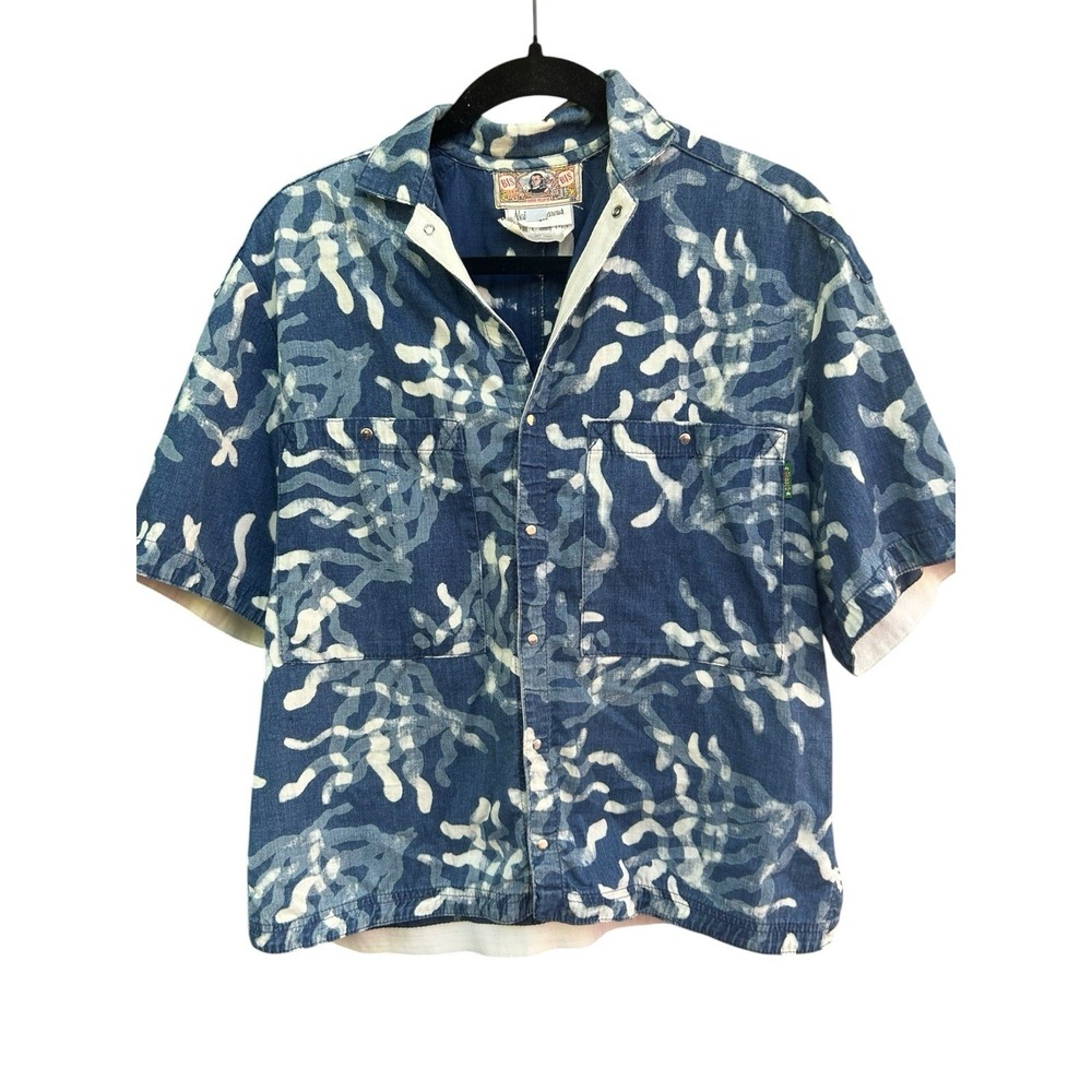 VTG Women's Ewing‎ Bis Navy Boxy Snap Button Down Shirt Pocket AOP Small Petite